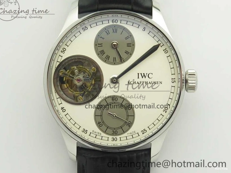 MIROTIME 0331 Upgraded Portuguese Flying Tourbillon SS White Dial 2 Sub Dials on Black Leather Strap 7161